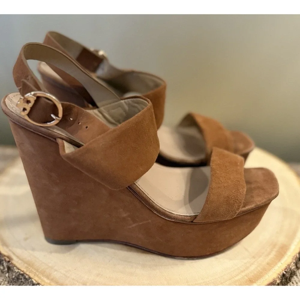 Tory Burch Loretta 120mm Lancaster Cuoio Brown Suede Platform‎ Wedge Sandals 8